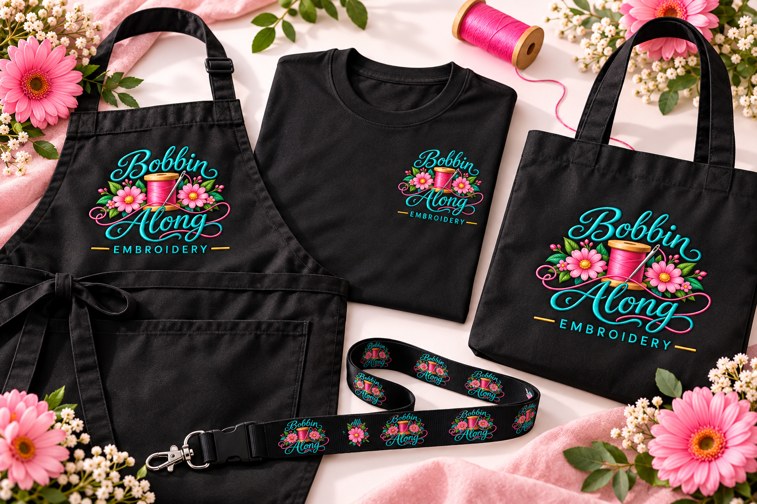 Bobbin Along branded black apron, printed T-shirt, tote bag and lanyard
